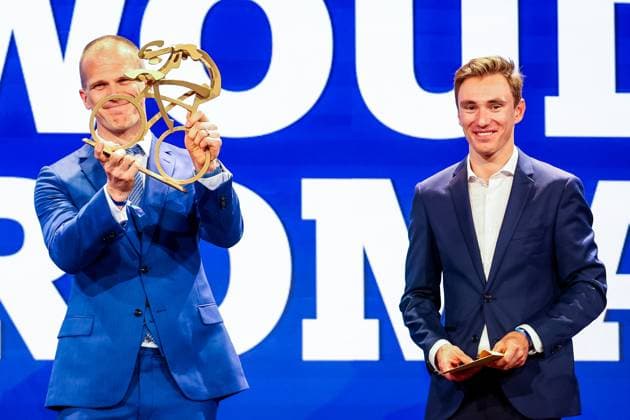 Belgian Ewoud Vromant celebrates on the podium after winning the Flandrien award ceremony for the best Belgian cyclist of the 2024 cycling season, organized by newspaper Het Nieuwsblad , Tuesday 05 November 2024 in Middelkerke. DAVIDxPINTENS  x104671644x