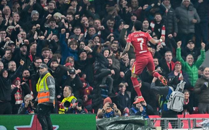 Liverpool v Bayer Leverkusen UEFA Champions League Luis Daiz of Liverpool celebrates after scoring during the UEFA Champions League match at Anfield, Liverpool UK Newspapers OUT Copyright: xKarlxVallantinex FIL-20882-0026