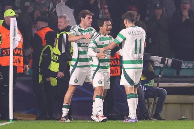 Celtic Glasgow RB Leipzig Champions League Glasgow, 05 11 2024, Celtic Park, Football, UEFA Champions League, Matchday 4 , Celtic Glasgow vs RB Leipzig , In the picture goal for Celtic, goal celebration after the 3 1, scorer Reo Hatate 41, Celtic , Only editorial use Photo intended for editorial use only , UEFA regulations prohibit any use of photographs as image sequences and or quasi video ,