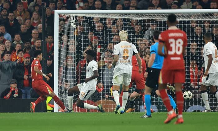 Liverpool, England, 5th November 2024. Luis Diaz of Liverpool scoring his sides third goal during the UEFA Champions League match at Anfield, Liverpool. Picture credit should read: Jessica Hornby Sportimage EDITORIAL USE ONLY. No use with unauthorised audio, video, data, fixture lists, club league logos or live services. Online in-match use limited to 120 images, no video emulation. No use in betting, games or single club league player publications. SPI-3439-0078