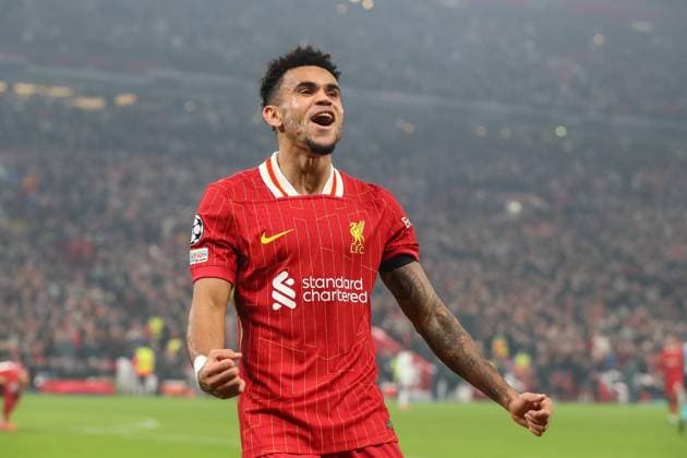 UEFA Champions League, League Stage Liverpool v Bayer 04 Leverkusen Luis Diaz of Liverpool celebrates his hat-trick goal to make it 4-0 during the UEFA Champions League, League Stage match Liverpool vs Bayer 04 Leverkusen at Anfield, Liverpool, United Kingdom, 5th November 2024 (Photo by Gareth Evans News Images) Liverpool Anfield Merseyside United Kingdom Copyright: xGarethxEvans NewsxImagesx