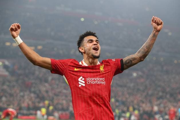 UEFA Champions League, League Stage Liverpool v Bayer 04 Leverkusen Luis Diaz of Liverpool celebrates his hat-trick goal to make it 4-0 during the UEFA Champions League, League Stage match Liverpool vs Bayer 04 Leverkusen at Anfield, Liverpool, United Kingdom, 5th November 2024 (Photo by Gareth Evans News Images) Liverpool Anfield Merseyside United Kingdom Copyright: xGarethxEvans NewsxImagesx