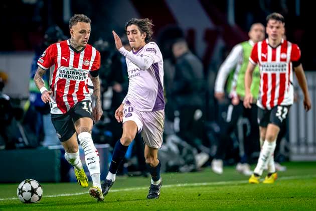 PSV Eindhoven forwarder Noa Lang, Girona FC forwarder Bryan Gil, during the match PSV Girona at the Philips stadium for the UEFA Champions League phase Matchday 4 season 2024 2025 in EINDHOVEN, Netherlands on 5 november 2024, photo by Marcel van Dorst EYE4images DeFodi Images not used in POL SRB CRO FRA GBR NED ITA USA Defodi 746 198204 Defodi-746 not used in POL SRB CRO FRA GBR NED ITA USA