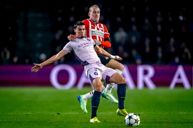 Girona FC defender Miguel Gutierrez, PSV Eindhoven defender Rick Karsdorp , during the match PSV Girona at the Philips stadium for the UEFA Champions League phase Matchday 4 season 2024 2025 in EINDHOVEN, Netherlands on 5 november 2024, photo by Marcel van Dorst EYE4images DeFodi Images not used in POL SRB CRO FRA GBR NED ITA USA Defodi 746 198203 Defodi-746 not used in POL SRB CRO FRA GBR NED ITA USA