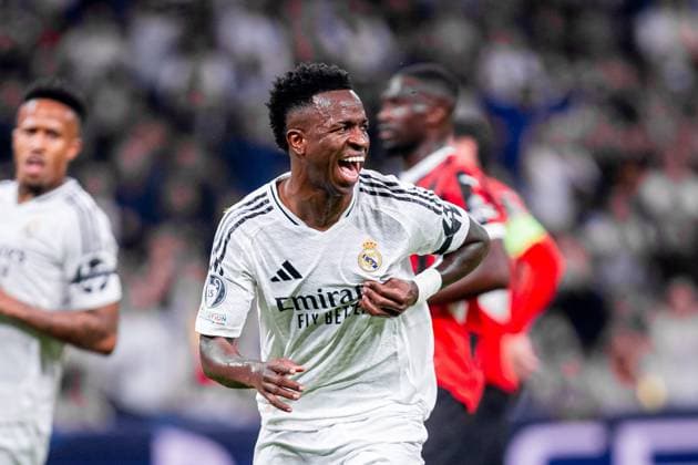 2024.11.05 Madryt pilka nozna UEFA Liga Mistrzow sezon 2024 2025 Real Madryt - AC Milan N z Vinicius Junior gol radosc bramka goal rzut karny penalty Foto Mateusz Porzucek PressFocus 2024.11.05 Madryt Football - UEFA Champions League season 2024 2025 Madrid Real Madrid Estadio Santiago BernabÃ u Real Madryt - AC Milan Vinicius Junior gol radosc bramka goal rzut karny penalty Credit: Mateusz Porzucek PressFocus NEWSPIX.PL --- newspix.pl POLAND OUT! 