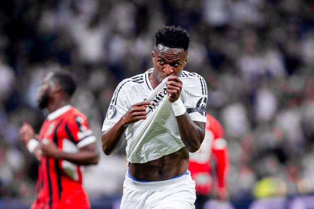2024.11.05 Madryt pilka nozna UEFA Liga Mistrzow sezon 2024 2025 Real Madryt - AC Milan N z Vinicius Junior gol radosc bramka goal rzut karny penalty Foto Mateusz Porzucek PressFocus 2024.11.05 Madryt Football - UEFA Champions League season 2024 2025 Madrid Real Madrid Estadio Santiago BernabÃ u Real Madryt - AC Milan Vinicius Junior gol radosc bramka goal rzut karny penalty Credit: Mateusz Porzucek PressFocus NEWSPIX.PL --- newspix.pl POLAND OUT! 