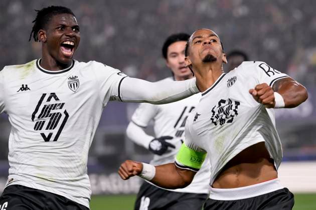Thilo Kehrer of AS Monaco FC celebrates with Breel Embolo after scoring the goal of 0-1 during the Champions League football match between Bologna FC and AS Monaco FC at Renato Dall Ara stadium in Bologna (Italy), November 5, 2024. andreaxstaccioli