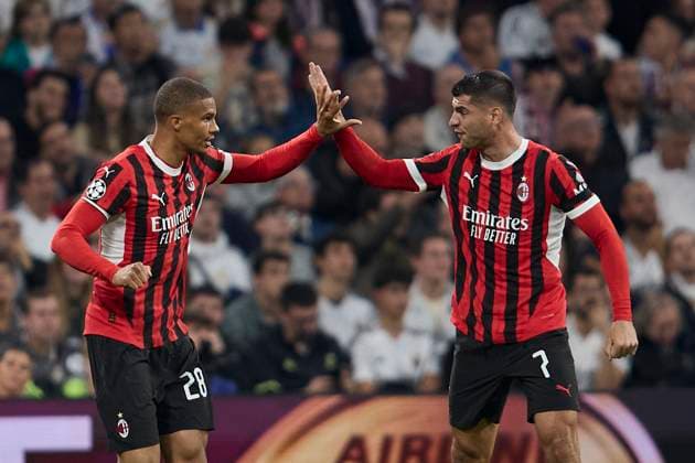 November 5, 2024, Madrid, Madrid, Spain: Malick Thiaw and Alvaro Morata of AC Milan celebrates after scoring a goal during the UEFA Champions League football match between Real Madrid CF and AC Milan at Santiago Bernabeu Stadium in Madrid, Spain, November 5, 2024 Madrid Spain - ZUMAa206 20241105_zsp_a206_025 Copyright: xRubenxAlbarranx