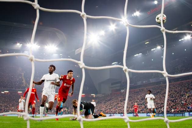Liverpool v Bayer Leverkusen Champions League 05 11 2024. GOAL 1-0 Liverpool forward Luis Diaz (7) scores during the Champions League match between Liverpool and Bayer Leverkusen at Anfield, Liverpool, England on 5 November 2024. Editorial use only , Copyright: xIanxStephenx PSI-20755-0028