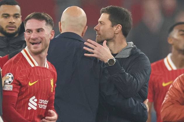Liverpool head coach Arne Slot and Bayer 04 Leverkusen head coach Xabi Alonso at full-time Liverpool v Bayer 04 Leverkusen, UEFA Champions League, Group Stage, Football, Anfield, Liverpool, UK - 05 Nov 2024 EDITORIAL USE ONLY No use with unauthorised audio, video, data, fixture lists, club league logos or live services. Online in-match use limited to 120 images, no video emulation. No use in betting, games or single club league player publications. Copyright: xPaulxCurrie Shutterstockx 14863785eu