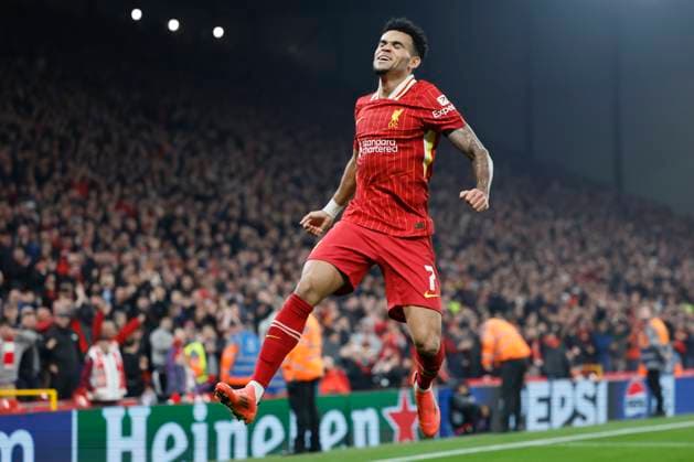 Liverpool FC v Bayer 04 Leverkusen - UEFA Champions League 2024 25 League Phase MD4 Luis Diaz of Liverpool celebrates 4th goal during the UEFA Champions League 2024 25 League Phase MD4 match between Liverpool FC and Bayer 04 Leverkusen at Anfield on November 5, 2024 in Liverpool, England. Liverpool Anfield England United Kingdom Copyright: xRichardxSellers Sportsphoto APLx 14051919