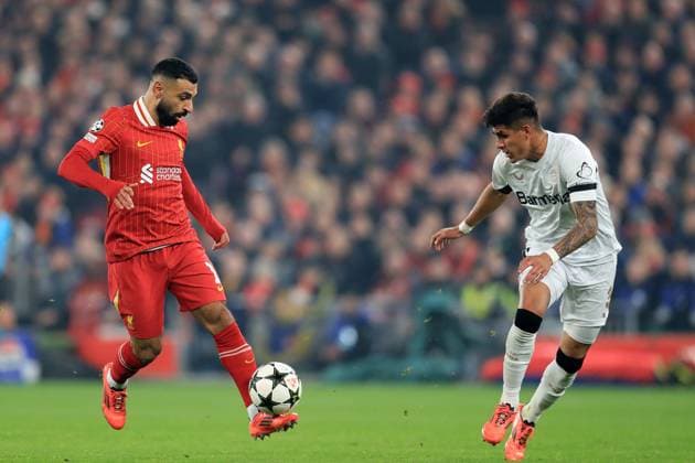 5th November 2024; Anfield, Liverpool, Merseyside, England; Champions League Football, Liverpool versus Bayer Leverkusen; Mohammed Salah of Liverpool takes on Piero Hincapie of Bayer Leverkeusen  ActionPlus12712468 DavidxBlunsden