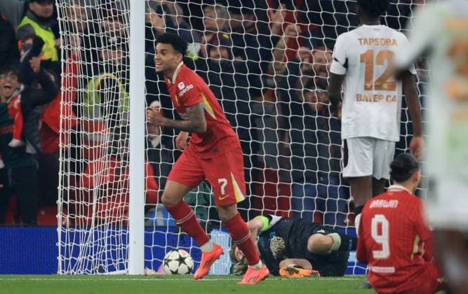 5th November 2024; Anfield, Liverpool, Merseyside, England; Champions League Football, Liverpool versus Bayer Leverkusen; Luis Diaz of Liverpool celebrated after scoring his side& x2019;s third goal  ActionPlus12712503 DavidxBlunsden