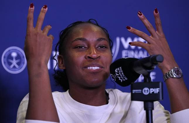 WTA, Tennis Damen Finals 2024 - Day 4 RIYADH, SAUDI ARABIA - NOVEMBER 05: Coco Gauff of USA during a press conference, PK, Pressekonferenz after she won against Iga Swiatek of Poland, on day 4 of the 2024 WTA Finals, part of the Hologic WTA Tour, held at King Saud University Indoor Arena on November 05, 2024, in Riyadh, Saudi Arabia. Riyadh Saudi Arabia Copyright: xArturxWidakx originalFilename:widak-wtafinal241105_npgzD.jpg