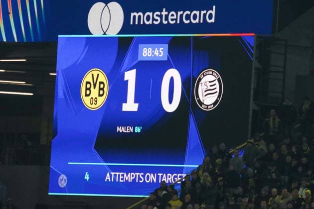 Dortmund, Germany 05 November 2024 Champions League 2024 2025 Borussia Dortmund vs Sturm Graz In the picture symbolic image LED wall with the score 1 0 for Borussia Dortmund Signal Iduna Park Nordrhein Westfalen Copyright: xFotostandx xFantinix