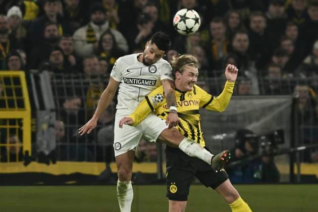 Header header duel Jusuf Gazibegovic Graz 22 Julian Brandt Dortmund 10 05 11 2024 Football, Champions League, Borussia Dortmund vs Sturm Graz, Signal Iduna Park, Dortmund, NRW Germany Copyright: xpepphotox xHorstxMauelshagenx pep00321, pep_20241105_hm_0812