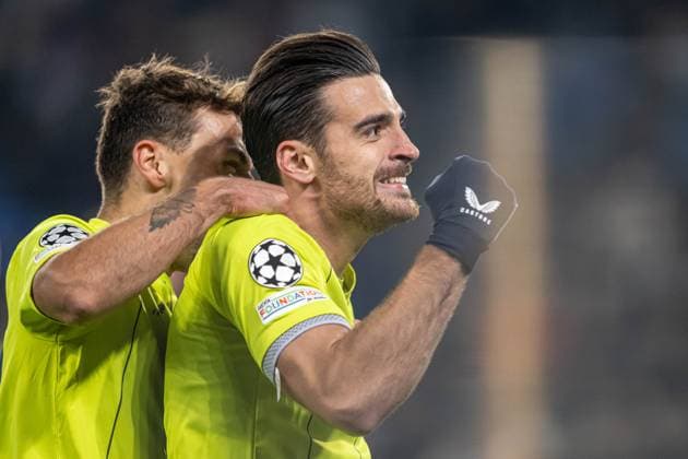Sandro Kulenovic a goal celebrate players a goal celebrate during UEFA Champions league match, SK Slovan Bratislava - GNK Dinamo Zagreb , 05. november 2024, Tehelne pole Stadium, Bratislava, Slovakia Copyright: xMICHALxFAJT,ZOSPORTU.SKx DSC_4562