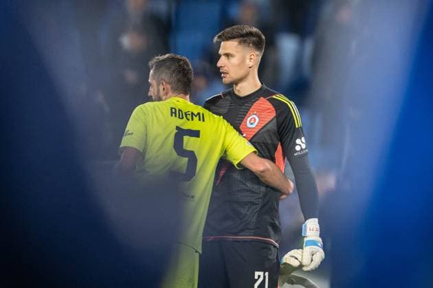 Stefan Ristovski and Dominik Takac during UEFA Champions league match, SK Slovan Bratislava - GNK Dinamo Zagreb , 05. november 2024, Tehelne pole Stadium, Bratislava, Slovakia Copyright: xMICHALxFAJT,ZOSPORTU.SKx DSC_4918