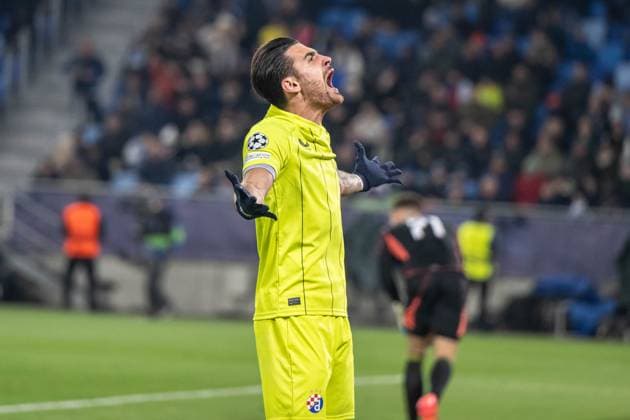 Sandro Kulenovic a goal celebrate during UEFA Champions league match, SK Slovan Bratislava - GNK Dinamo Zagreb , 05. november 2024, Tehelne pole Stadium, Bratislava, Slovakia Copyright: xMICHALxFAJT,ZOSPORTU.SKx FAJ_4380