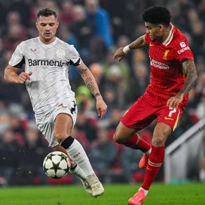 Liverpool v Bayer Leverkusen UEFA Champions League Luis Diaz of Liverpool and Granit Xhaka of Bayern Leverkusen during the UEFA Champions League match at Anfield, Liverpool UK Newspapers OUT Copyright: xKarlxVallantinex FIL-20882-0043