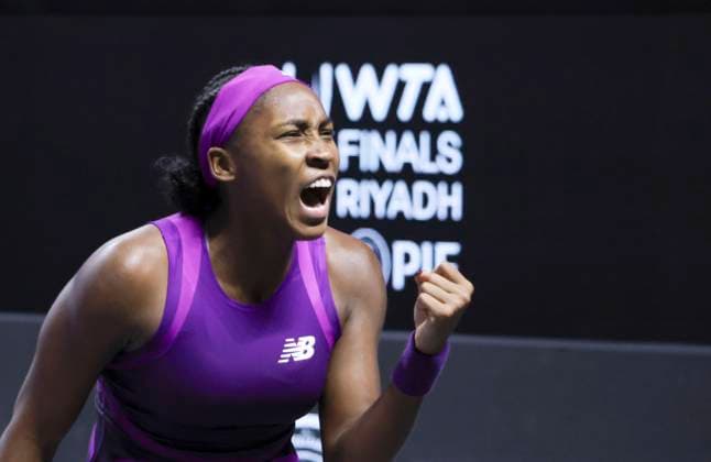 (241106) -- RIYADH, Nov. 6, 2024 -- Coco Gauff of the United States celebrates after winning the round robin match against Iga Swiatek of Poland at WTA, Tennis Damen Finals tennis tournament in Riyadh, Saudi Arabia, Nov. 5, 2024. ) (SP)SAUDI ARABIA-RIYADH-TENNIS-WTA FINALS-DAY 4 LuoxChen 