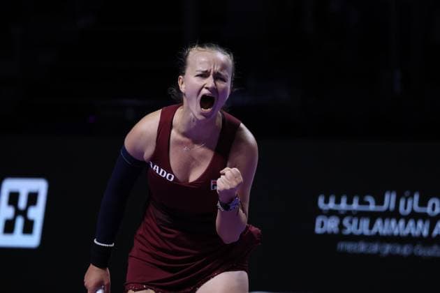 (241106) -- RIYADH, Nov. 6, 2024 -- Barbora Krejcikova of the Czech Republic celebrates after winning the round robin match against Jessica Pegula of the United States at WTA, Tennis Damen Finals tennis tournament in Riyadh, Saudi Arabia, Nov. 5, 2024. ) (SP)SAUDI ARABIA-RIYADH-TENNIS-WTA FINALS-DAY 4 LuoxChen 