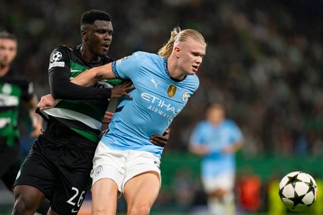 Estadio Jose Alvalade LISBON, PORTUGAL - NOVEMBER 5: Erling Haaland of Manchester City (R) plays against Ousmane Diomande of Sporting CP (L) during the UEFA Champions League 2024 25 League Phase MD4 match between Sporting Clube de Portugal and Manchester City at Estadio Jose Alvalade on November 5, 2024 in Lisbon, Portugal. (Pedro Loureiro Sports Press Photo SPP) Copyright: xPedroxLoureiro SportsxPressxPhotox xSPPx spp-en-PeLoPrPh-RC4_PED_Sporting_M.City_05Nov2024_PT058