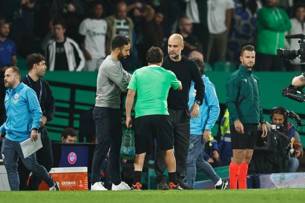 (L-R) Ruben Amorim (SportingCP), Josep Guardiola (ManC), NOVEMBER 5, 2024 - Football Soccer : UEFA Champions League League phase match day 4 between Sporting Clube de Portugal 4-1 Manchester City at the Estadio Jose Alvalade in Lisbon, Portugal. Noxthirdxpartyxsales  (272402653)