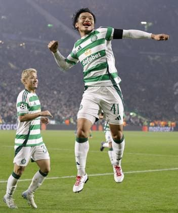 Football: Champions League Reo Hatate (R) of Celtic celebrates after scoring in the second half of a Champions League football match against Leipzig on Nov. 5, 2024, in Glasgow.  A14AA0003691195P