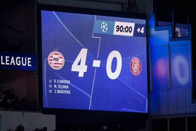 EINDHOVEN, NETHERLANDS - NOVEMBER 5: The scoreboard shows the final result of 4-0 during the UEFA Champions League 2024 25 League Phase MD4 match between PSV Eindhoven and Girona FC at PSV Stadion on November 5, 2024 in Eindhoven, Netherlands. (Photo by Rene Nijhuis) SOC  Copyright: xRenexNijhuis