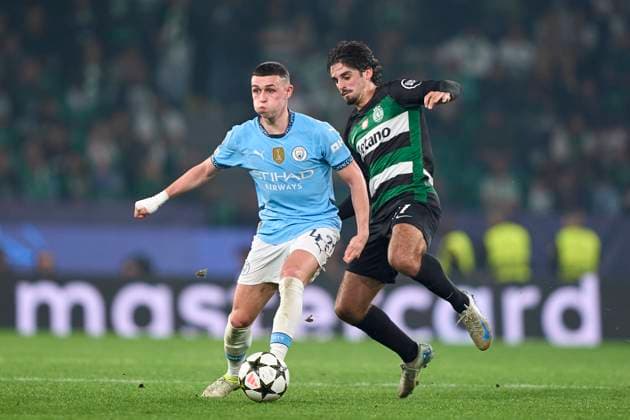 Sporting Clube de Portugal v Manchester City - UEFA Champions League 2024 25 League Phase MD4 Francisco Trincao of Sporting CP competes for the ball with Phil Foden of Manchester City during the UEFA Champions League match between Sporting CP and Manchester City at Jose Alvalade Stadium in Lisbon, Portugal, on November 5, 2024. Lisbon, Portugal Lisbon Portugal  Copyright: xJosexManuelxAlvarezxReyx originalFilename:alvarezrey-notitle241105_npzgI.jpg