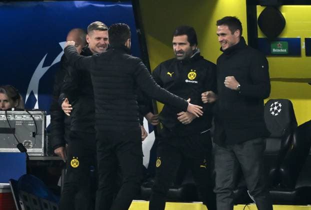 Cheering after the final whistle Sebastian Kehl Sports Director Borussia Dortmund , Co Coach Joao Tralhao Borussia Dortmund , Coach Nuri Sahin Borussia Dortmund , Co Coach Lukasz Piszczek Borussia Dortmund , v re 05 11 2024, Football UEFA Champions League 2024 25, Matchday 4 Borussia Dortmund SK Sturm Graz 1 0 Dortmund Signal Iduna Park Nordrhein Westfalen Germany Team2
