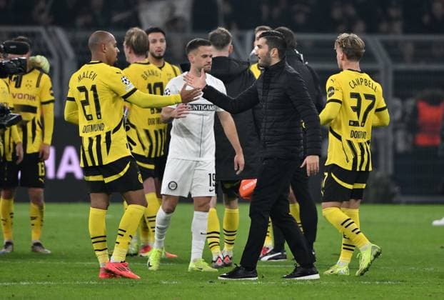 Coach Nuri Sahin Borussia Dortmund , re , with Donyell Malen Borussia Dortmund 05 11 2024, Football UEFA Champions League 2024 25, Matchday 4 Borussia Dortmund SK Sturm Graz 1 0 Dortmund Signal Iduna Park Nordrhein Westfalen Germany Team2