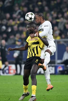 Serhou Guirassy Borussia Dortmund , Emanuel Aiwu Sturm Graz , v li 05 11 2024, Football UEFA Champions League 2024 25, Matchday 4 Borussia Dortmund SK Sturm Graz 1 0 Dortmund Signal Iduna Park Nordrhein Westfalen Germany Team2