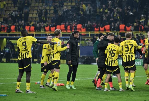 Dortmund players celebrate the win, left Serhou Guirassy Borussia Dortmund 05 11 2024, Football UEFA Champions League 2024 25, Matchday 4 Borussia Dortmund SK Sturm Graz 1 0 Dortmund Signal Iduna Park North Rhine-Westphalia Germany Team2