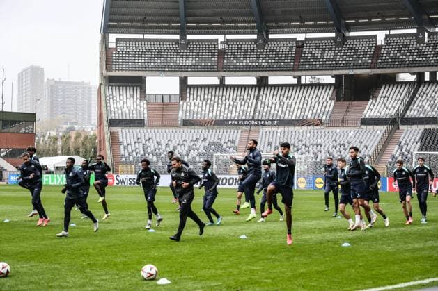Union s players pictured during a training session of Belgian soccer team Royale Union Saint-Gilloise in Brussels, on Wednesday 06 November 2024. The team prepares for tomorrow s match against Italian team AS Roma, in the fourth day (out of 8) of the League phase of the UEFA Europa League tournament. BRUNOxFAHY  x104705553x