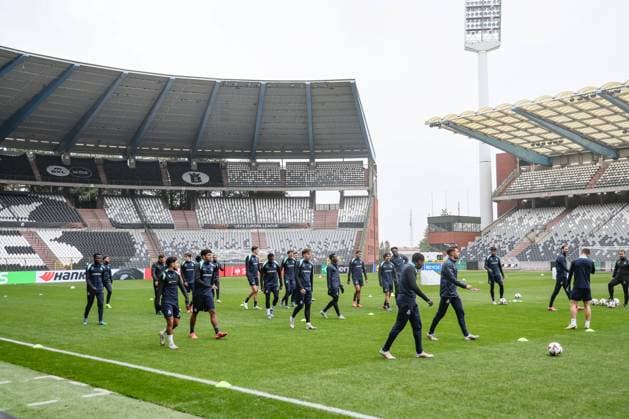 Union s players pictured during a training session of Belgian soccer team Royale Union Saint-Gilloise in Brussels, on Wednesday 06 November 2024. The team prepares for tomorrow s match against Italian team AS Roma, in the fourth day (out of 8) of the League phase of the UEFA Europa League tournament. BRUNOxFAHY  x104705554x
