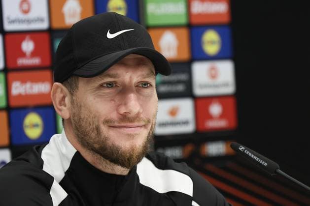 Union s head coach Sebastien Pocognoli pictured during a press conference, PK, Pressekonferenz of Belgian soccer team Royale Union Saint-Gilloise in Brussels, on Wednesday 06 November 2024. The team prepares for tomorrow s match against Italian team AS Roma, in the fourth day (out of 8) of the League phase of the UEFA Europa League tournament. BRUNOxFAHY  x104709782x