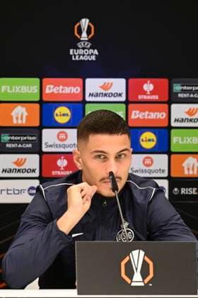 Media activities Royale Union Saint-Gilloise - UEFA Europa League BRUSSEL, BELGIUM - NOVEMBER 06 : Ivanovic Franjo forward of Royale Union Saint-Gilloise pictured during a press conference, PK, Pressekonferenz prior the UEFA Europa League phase match between Royale Union Saint-Gilloise and AS Roma on November 6, 2024 in Brussel, Belgium, 06 11 2024 Brussel Belgium  Copyright: xPeterxDexVoechtx