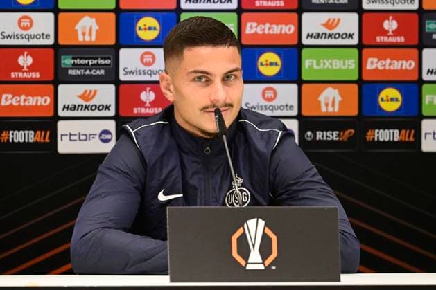 Media activities Royale Union Saint-Gilloise - UEFA Europa League BRUSSEL, BELGIUM - NOVEMBER 06 : Ivanovic Franjo forward of Royale Union Saint-Gilloise pictured during a press conference, PK, Pressekonferenz prior the UEFA Europa League phase match between Royale Union Saint-Gilloise and AS Roma on November 6, 2024 in Brussel, Belgium, 06 11 2024 Brussel Belgium  Copyright: xPeterxDexVoechtx