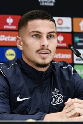 Union s Franjo Ivanovic pictured during a press conference, PK, Pressekonferenz of Belgian soccer team Royale Union Saint-Gilloise in Brussels, on Wednesday 06 November 2024. The team prepares for tomorrow s match against Italian team AS Roma, in the fourth day (out of 8) of the League phase of the UEFA Europa League tournament. BRUNOxFAHY  x104709841x
