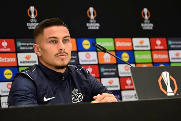 Media activities Royale Union Saint-Gilloise - UEFA Europa League BRUSSEL, BELGIUM - NOVEMBER 06 : Ivanovic Franjo forward of Royale Union Saint-Gilloise pictured during a press conference, PK, Pressekonferenz prior the UEFA Europa League phase match between Royale Union Saint-Gilloise and AS Roma on November 6, 2024 in Brussel, Belgium, 06 11 2024 Brussel Belgium  Copyright: xPeterxDexVoechtx