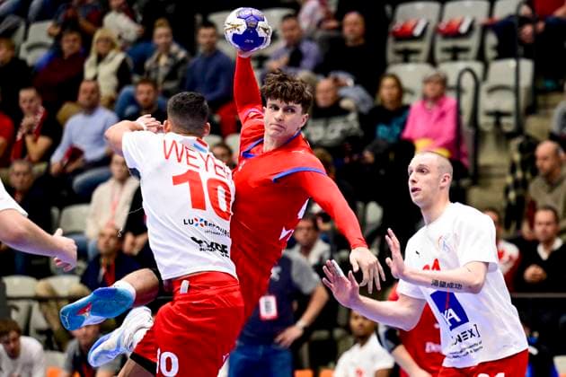 From left Ben Weyer of Lugembourg, Czech Jonas Josef, Loic Kaysen of Luxembourg in action during the European Handball Championship 2026 Group 5 match qualifier Czechia vs Luxembourg in Prague, Czech Republic, November 6, 2024. (CTKxPhoto OndrejxDeml) CTKPhotoP2024110611104  CTKPhotoP2024110611104