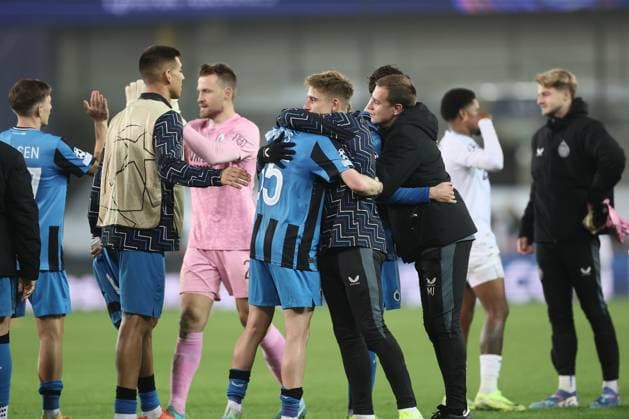 Club s players celebrate after winning a soccer game between Belgian Club Brugge KV and English Aston Villa F.C., Wednesday 06 November 2024 in Brugge, on the fourth day of the UEFA Champions League league phase. BRUNOxFAHY  x104743844x