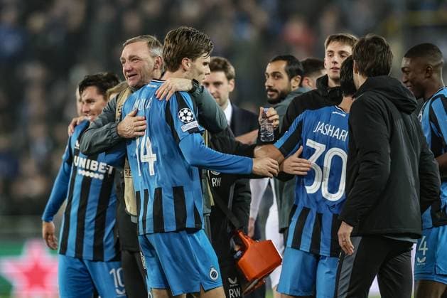 Club s players celebrate after winning a soccer game between Belgian Club Brugge KV and English Aston Villa F.C., Wednesday 06 November 2024 in Brugge, on the fourth day of the UEFA Champions League league phase. BRUNOxFAHY  x104744236x