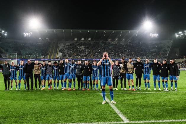 Club s players celebrate after winning a soccer game between Belgian Club Brugge KV and English Aston Villa F.C., Wednesday 06 November 2024 in Brugge, on the fourth day of the UEFA Champions League league phase. BRUNOxFAHY  x104744558x