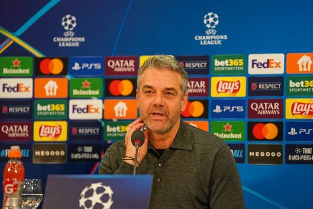 Shakhtar Donetsk UKR vs Young Boys SUI YB Football UEFA Champions League 2024 25, Matchday 4, Shakhtar Donetsk vs Young Boys Bern, Arena AufSchalke Veltins Arena Gelsenkirchen Marino Puöic Marino Pusic Marino Pusitsch Shakhtar Donetsk in the press conference Copyright: xJOERANxSTEINSIEKx