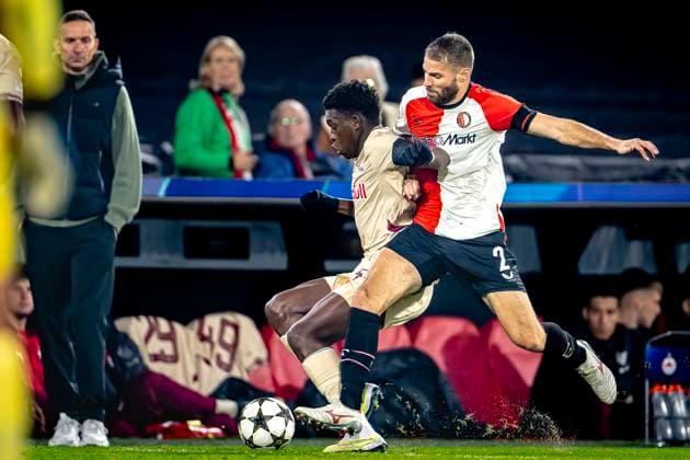 Red Bull Salzburg midfielder Lucas Gourna Douath, Feyenoord Rotterdam defender Bart Nieuwkoop, during the match Feyenoord Salzburg at the Feyenoord stadium De Kuip for the UEFA Champions League phase Matchday 4 season 2024 2025 in ROTTERDAM, Netherlands on 6 november 2024, photo by Marcel van Dorst EYE4images DeFodi Images not used in POL SRB CRO FRA GBR NED ITA USA Defodi 746 198380 Defodi-746 not used in POL SRB CRO FRA GBR NED ITA USA