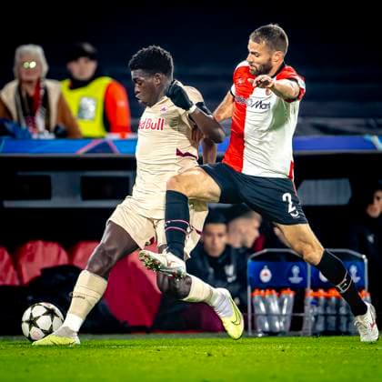 Red Bull Salzburg midfielder Lucas Gourna Douath, Feyenoord Rotterdam defender Bart Nieuwkoop, during the match Feyenoord Salzburg at the Feyenoord stadium De Kuip for the UEFA Champions League phase Matchday 4 season 2024 2025 in ROTTERDAM, Netherlands on 6 november 2024, photo by Marcel van Dorst EYE4images DeFodi Images not used in POL SRB CRO FRA GBR NED ITA USA Defodi 746 198382 Defodi-746 not used in POL SRB CRO FRA GBR NED ITA USA
