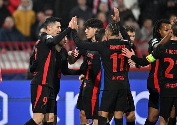 CRVENA ZVEZDA vs BARCELONA Football players of Barcelona celebrates goal at the Champions League match against Crvena zvezda, at Stadium Rajko Mitic. Belgrade, 06.11.2024. photo: MN Press photo FOOTBALL, UEFA, CHAMPIONS LEAGUE, BARCELONA, RED STAR, CRVENA ZVEZDA Belgrade Stadium Rajko Mitic Serbia Copyright: xMarkoxMetlasx xMNxPressx